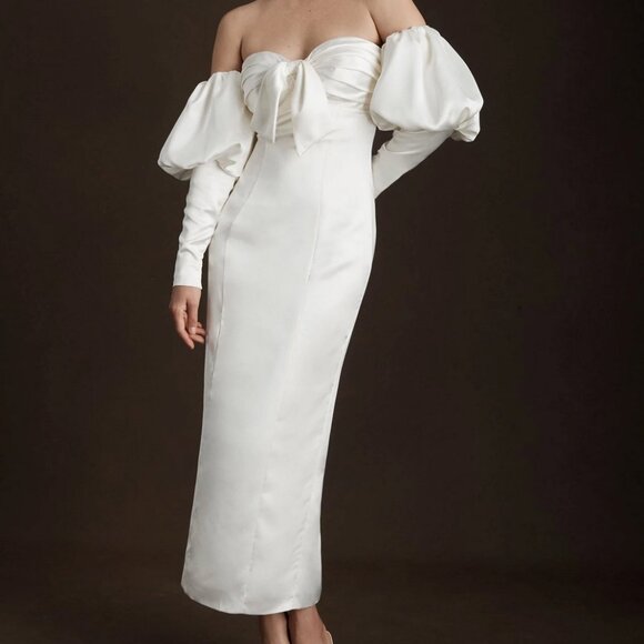 NWT Ronny Kobo Amanda Off-Shoulder Puff-Sleeve Bridal Event Ivory Midi Dress - Picture 1 of 10